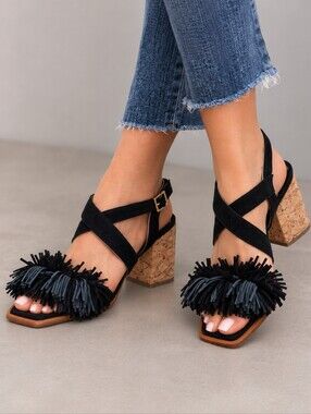 Paloma Barceló Black Suede Fringe Cork Block Heel Sandals Size 36 US 6 Made in S
